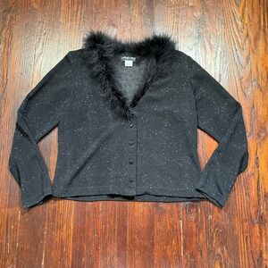 Vintage Night Way‎ Cardigan Womens M Black Sparkle Feather Trim Sweater USA MADE